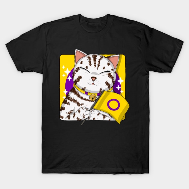 American Shorthair Cat Holding Intersex Pride Flag T-Shirt by Japanese Neko